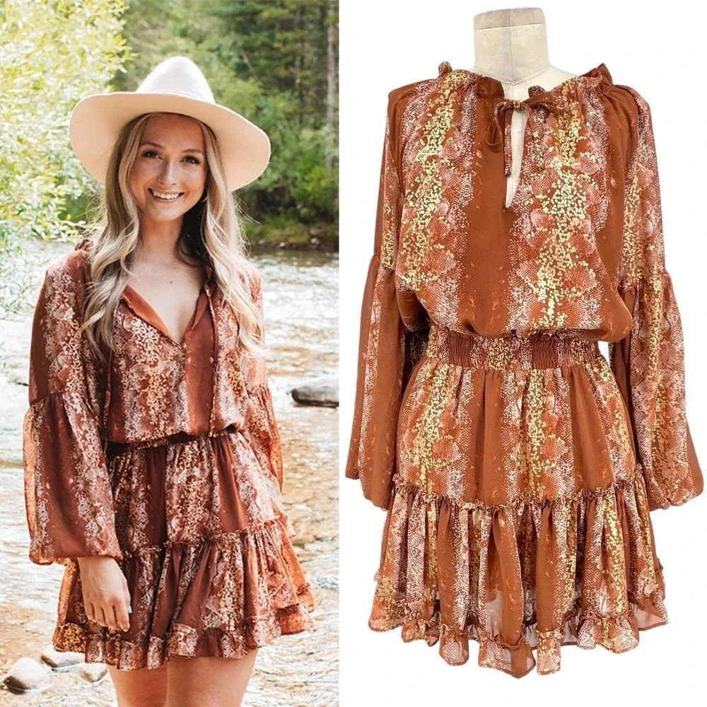 Buddy Love Zozo Elastic Waist Mini Dress Frappe Brown Snake Print Size‎ Small - Image 2