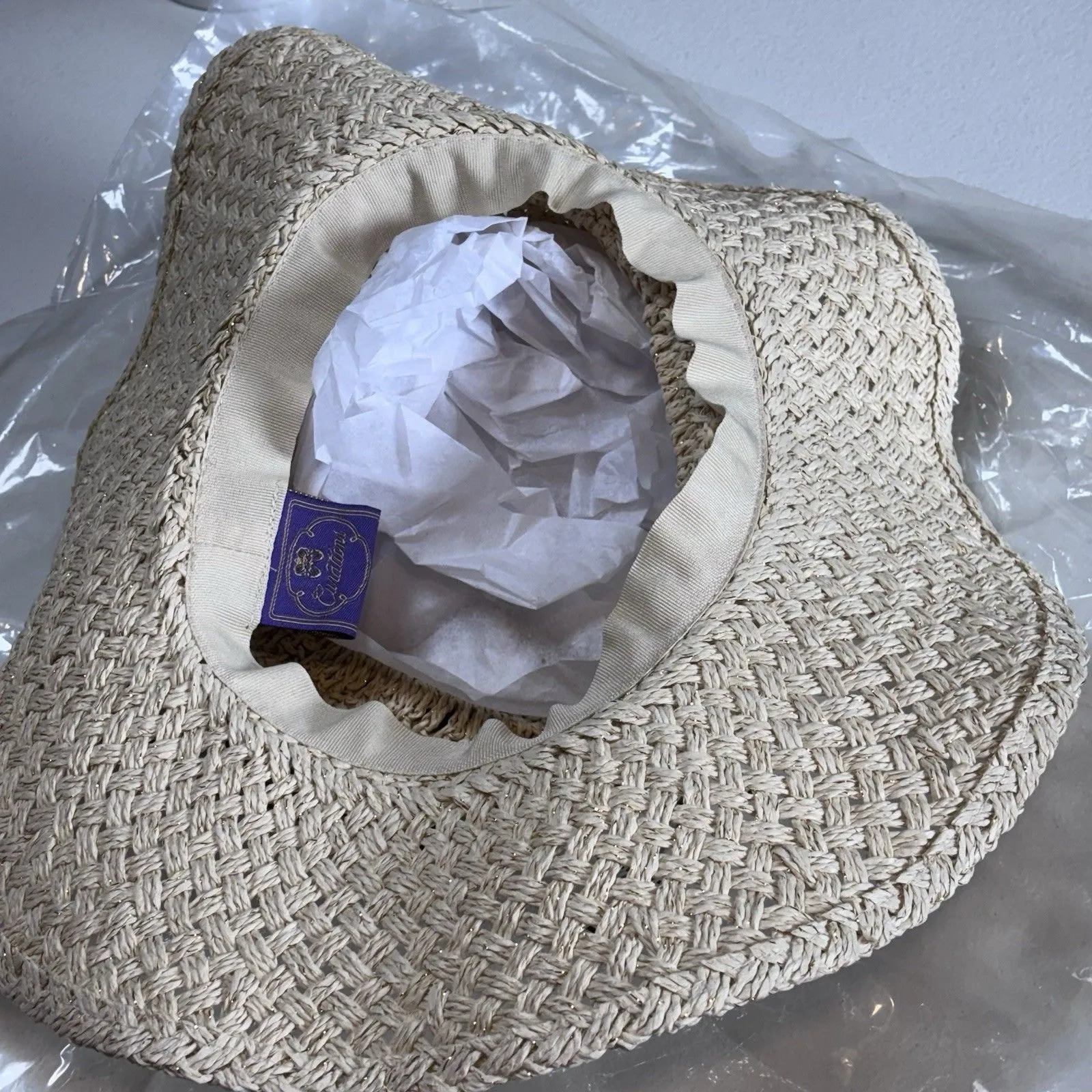 Curations Cream And Gold Paper Straw Packable Pool Beach Sun Hat NWT - Image 4
