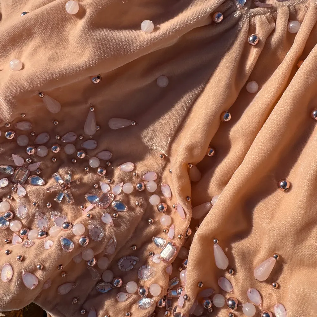 ASOS LUXE gem embellished off-shoulder puff sleeve velvet mini dress in peach - Image 6