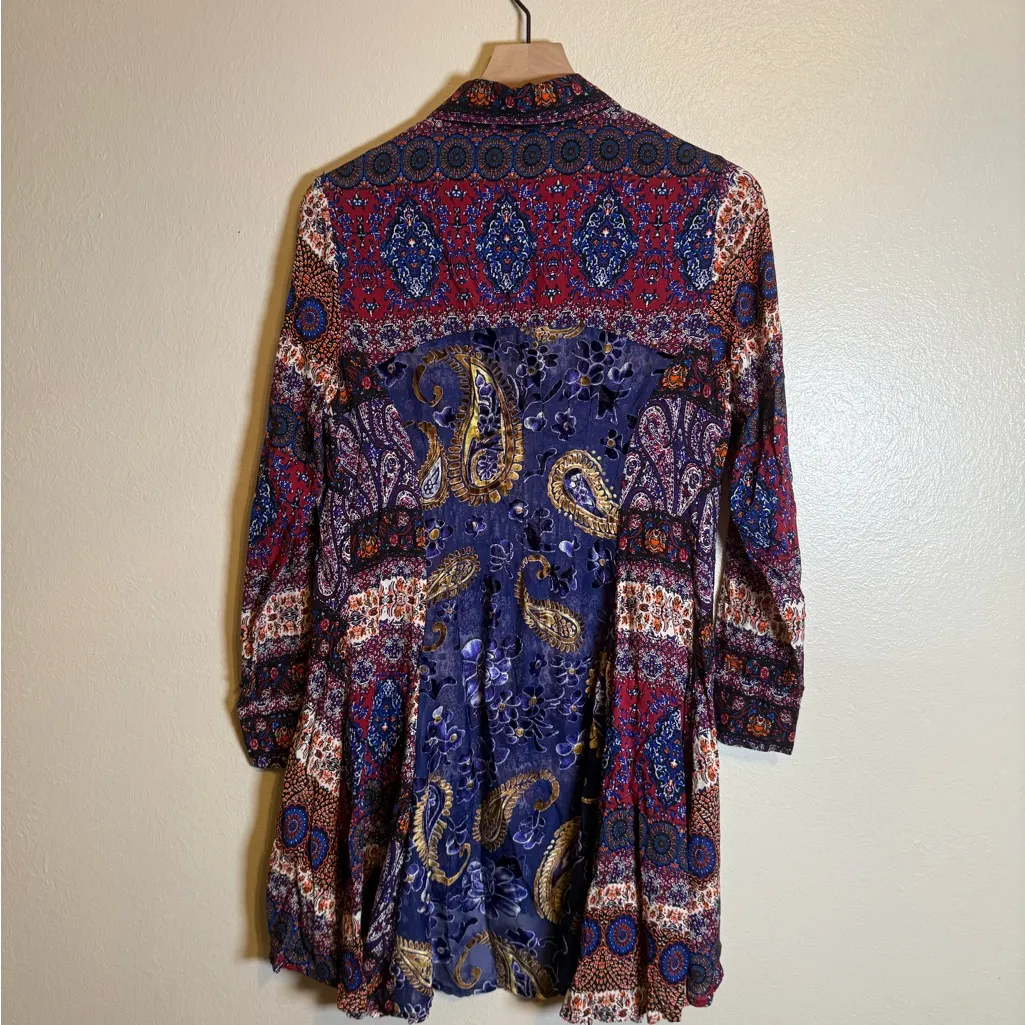 Aratta Silent Journey Boho‎ Paisley Floral Velvet Flock Sheer Button Up Dress Blue - Image 6