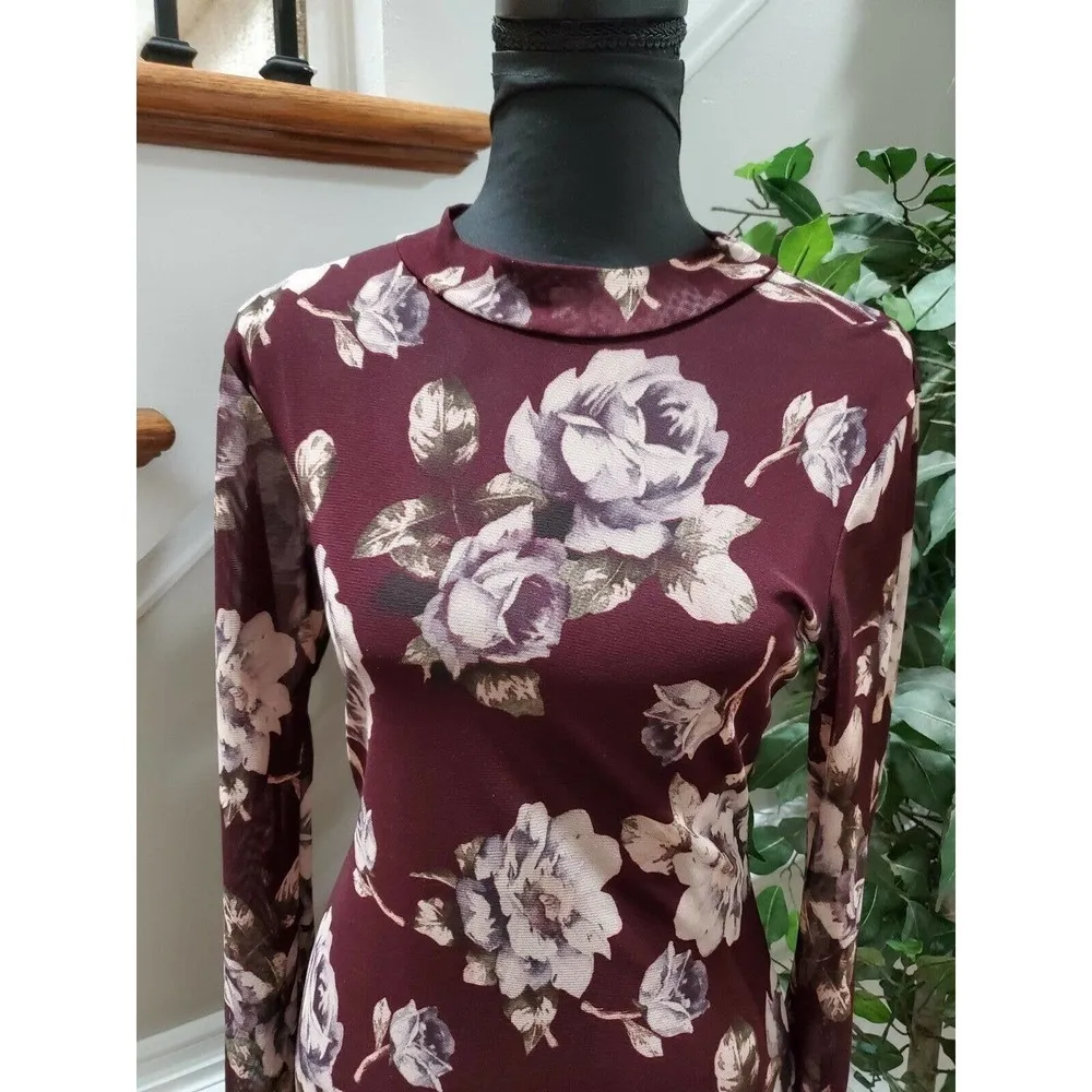 Windsor Women Maroon Floral Polyester Mock Neck Long Sleeve Knee Length Dress L - Image 2
