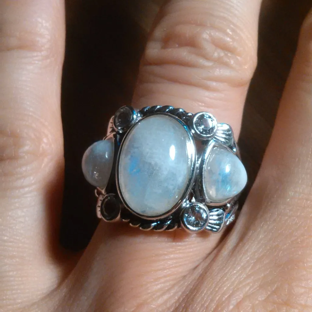 White Rainbow Moonstone Three Stone Sterling Silver Ring (Size 7) - Image 5