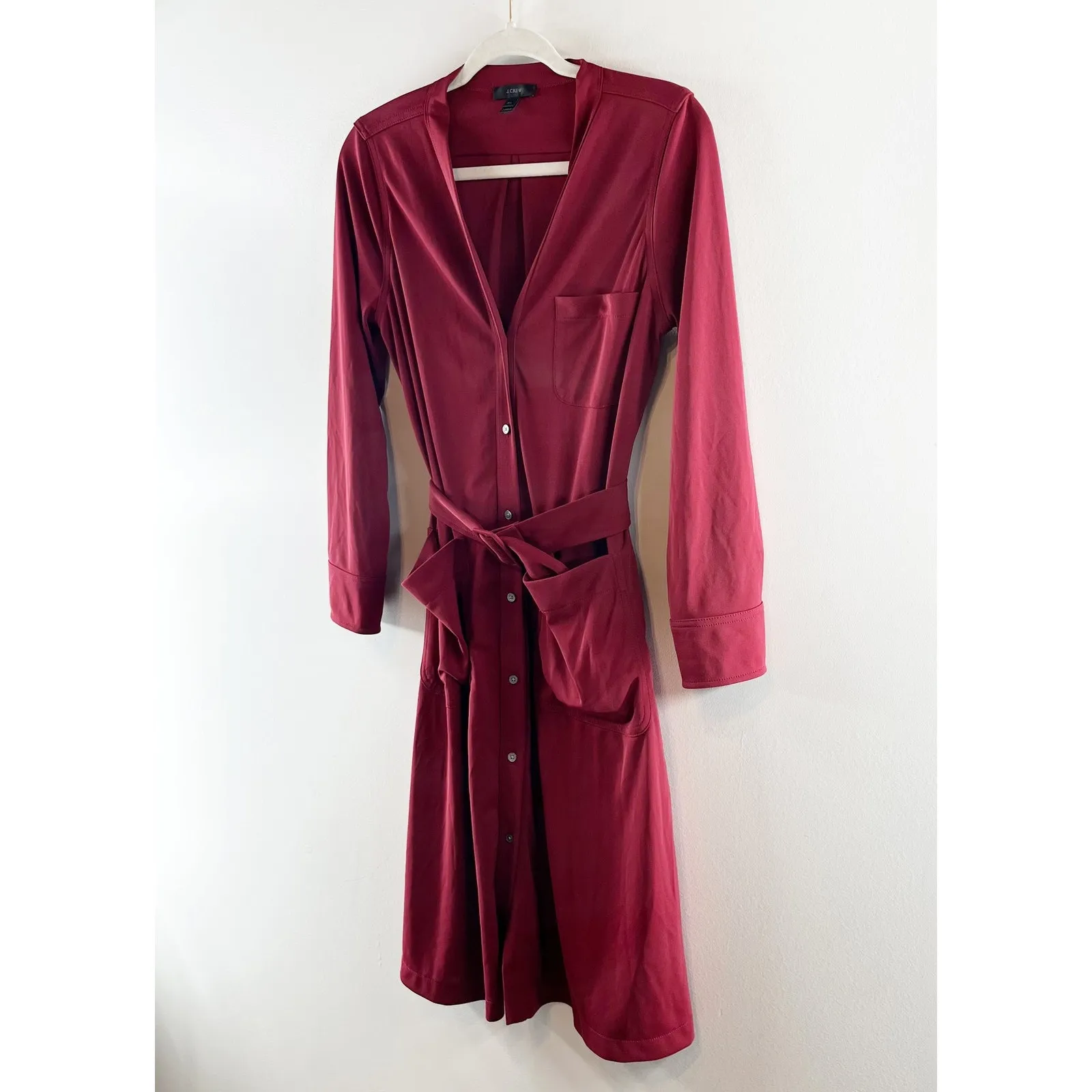 J. Crew Long Sleeve Belted Midi Shirt Dress Maroon Burgundy Red Medium Petite - Image 7