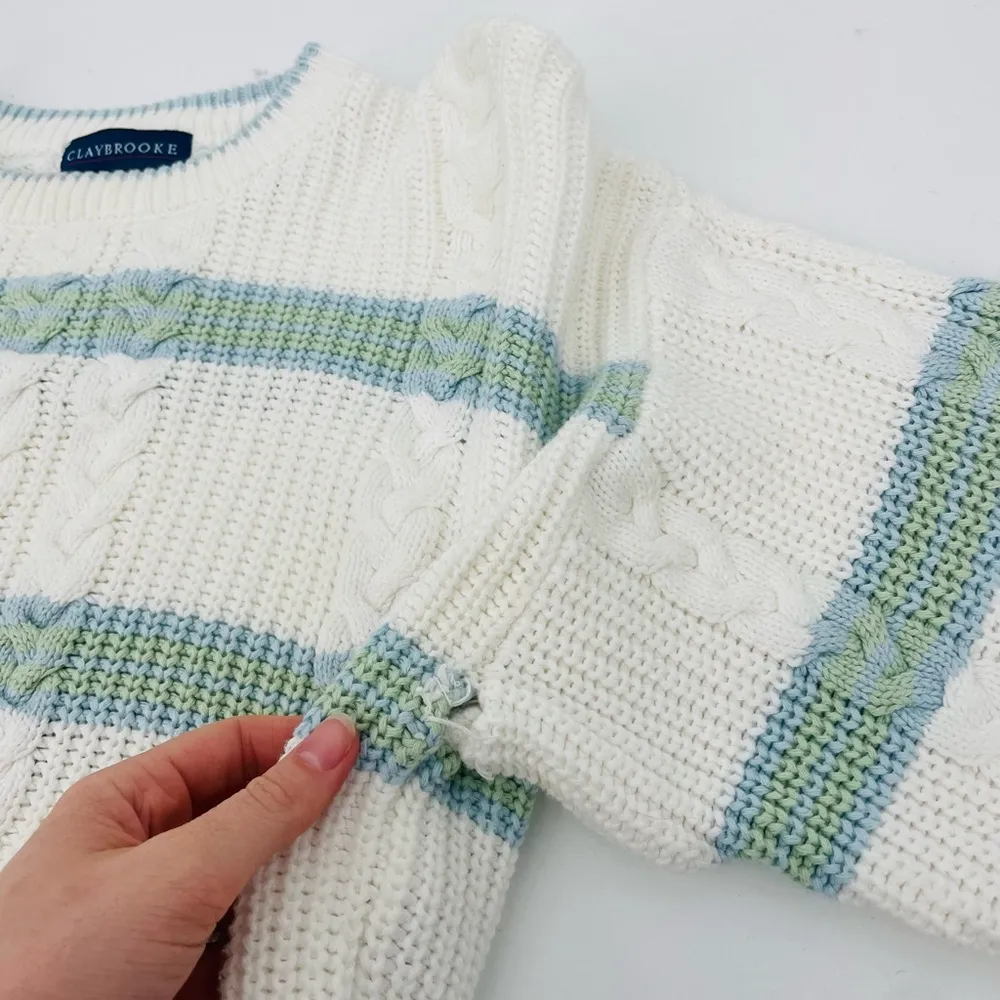 vtg coastal sage green carolina blue slouchy striped cable knit crewneck sweater Size L - Image 7