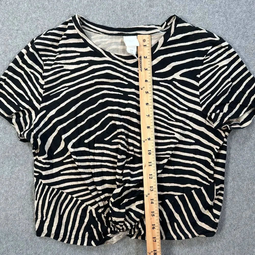 H&M Zebra Print Knotted Cropped Tee Shirt Womens Medium Short Sleeve Black/Beige - Image 4