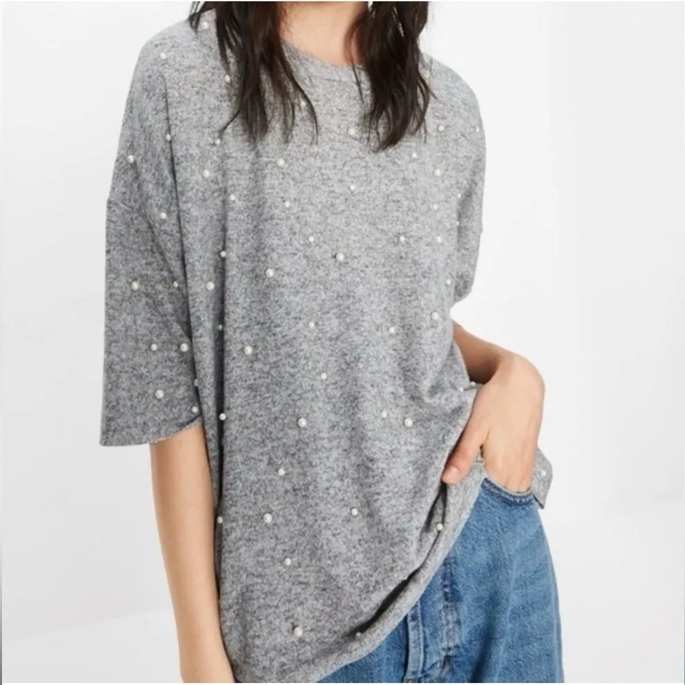 Zara Gray Pearl Embellished Knit Sweater Top Women’s Size S Minimalist Chic - Image 2