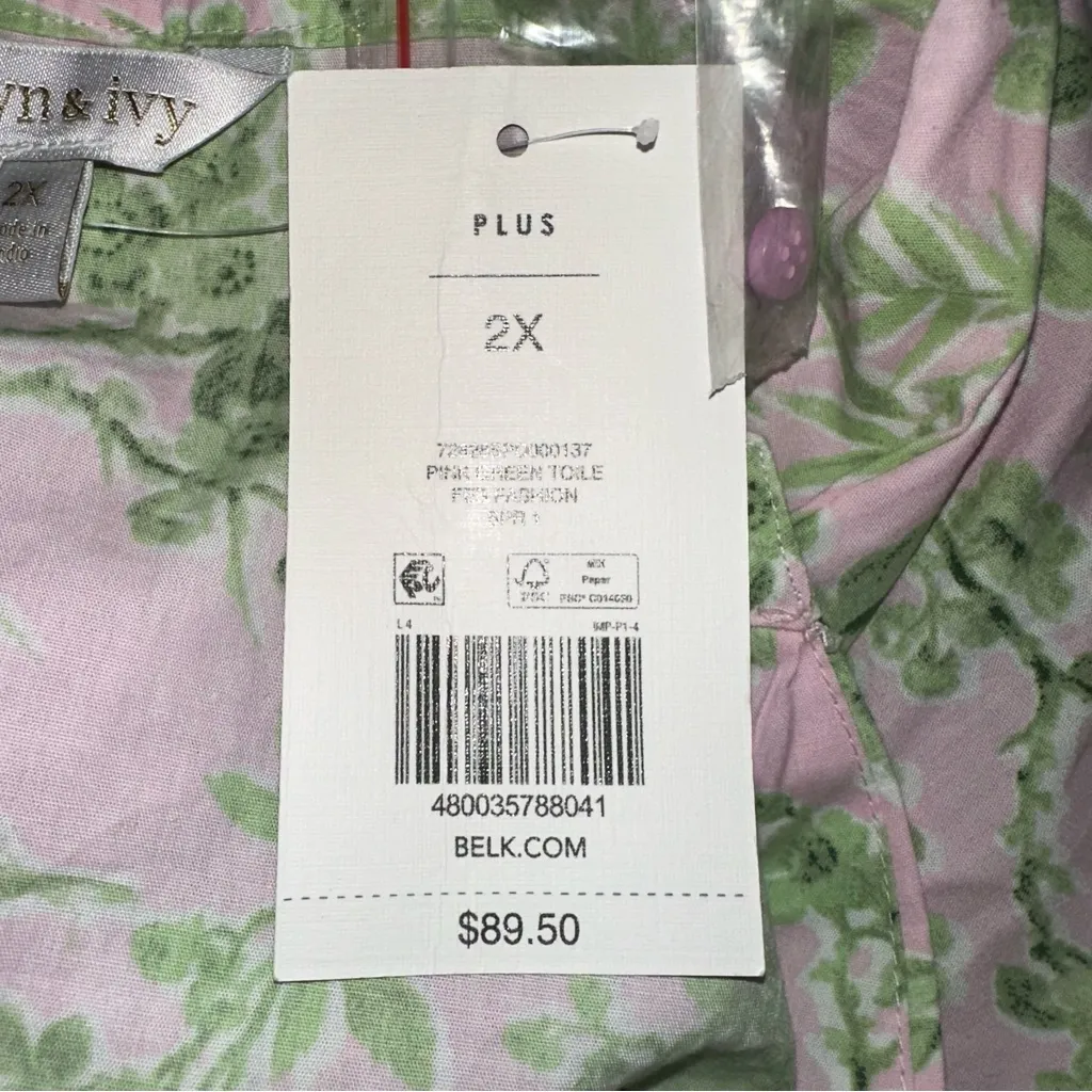 Crown & Ivy 3/4 sleeve Tiered Dress Pink Green Toile NWT 2X with Pockets - Image 6