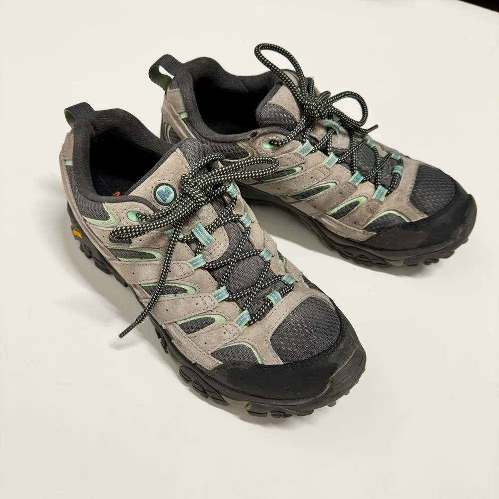 Merrell - Women's Moab 2 Waterproof Lace Up Hiking Shoe in Gray & Mint Green - Image 3