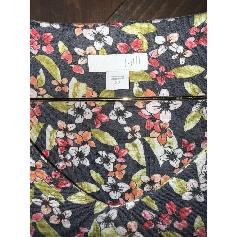 J Jill Womens XS Knit Dress Black Floral Midi Short Sleeve Classic VNeck Stretch - Image 2