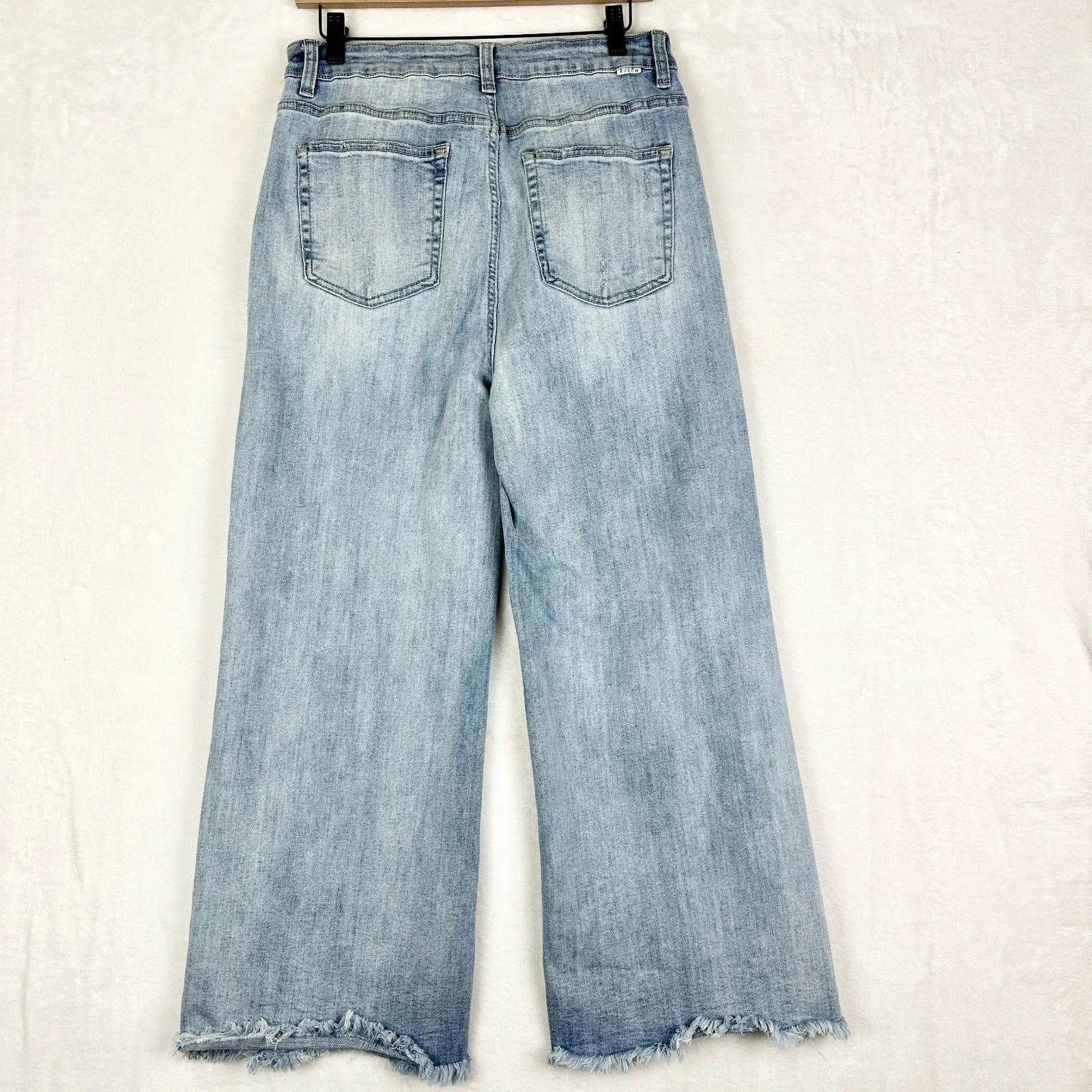Risen High Waisted Frayed Ankle Wide Leg Jeans Size 13/31 Light Wash Stretch Blue - Image 4
