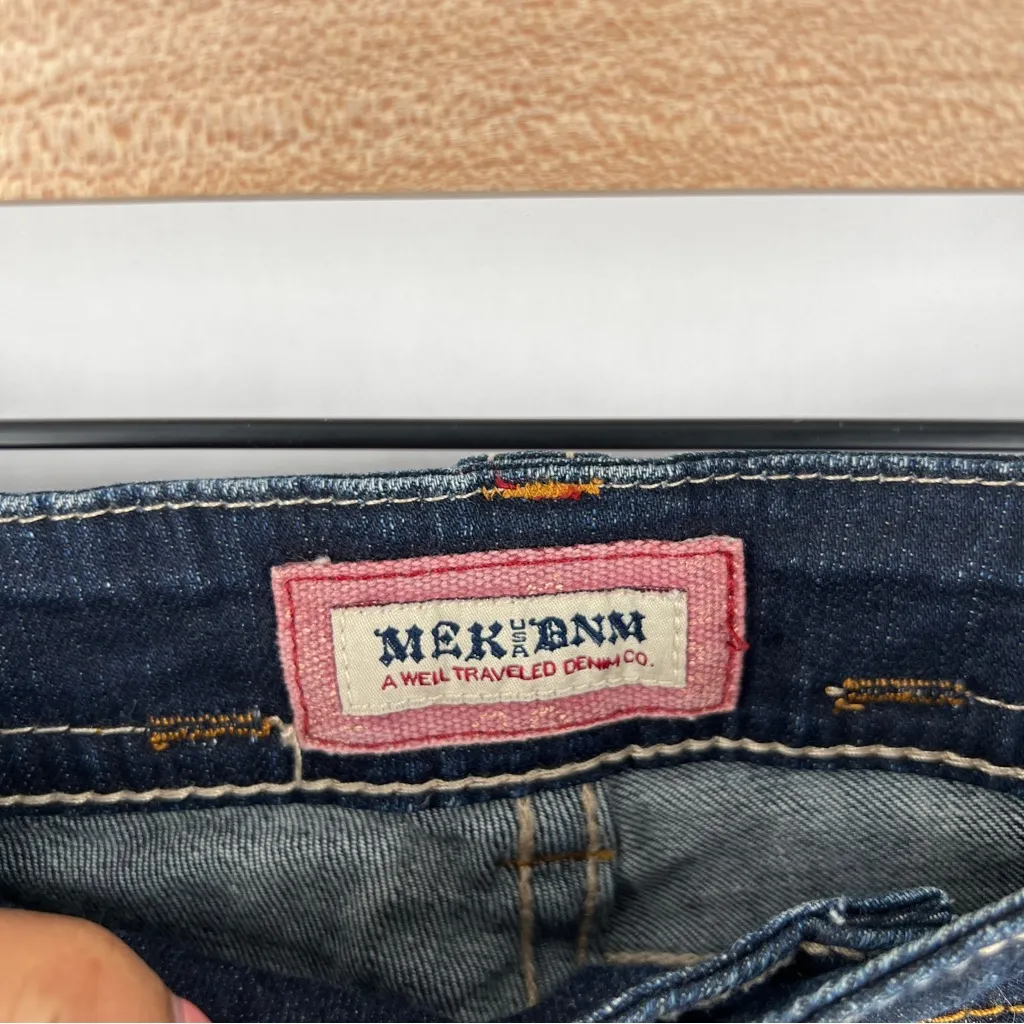 MEK‎ Jodhpur Bermuda Size 27 Stretch Dark Wash Denim Whiskered Faded Shorts Blue - Image 9