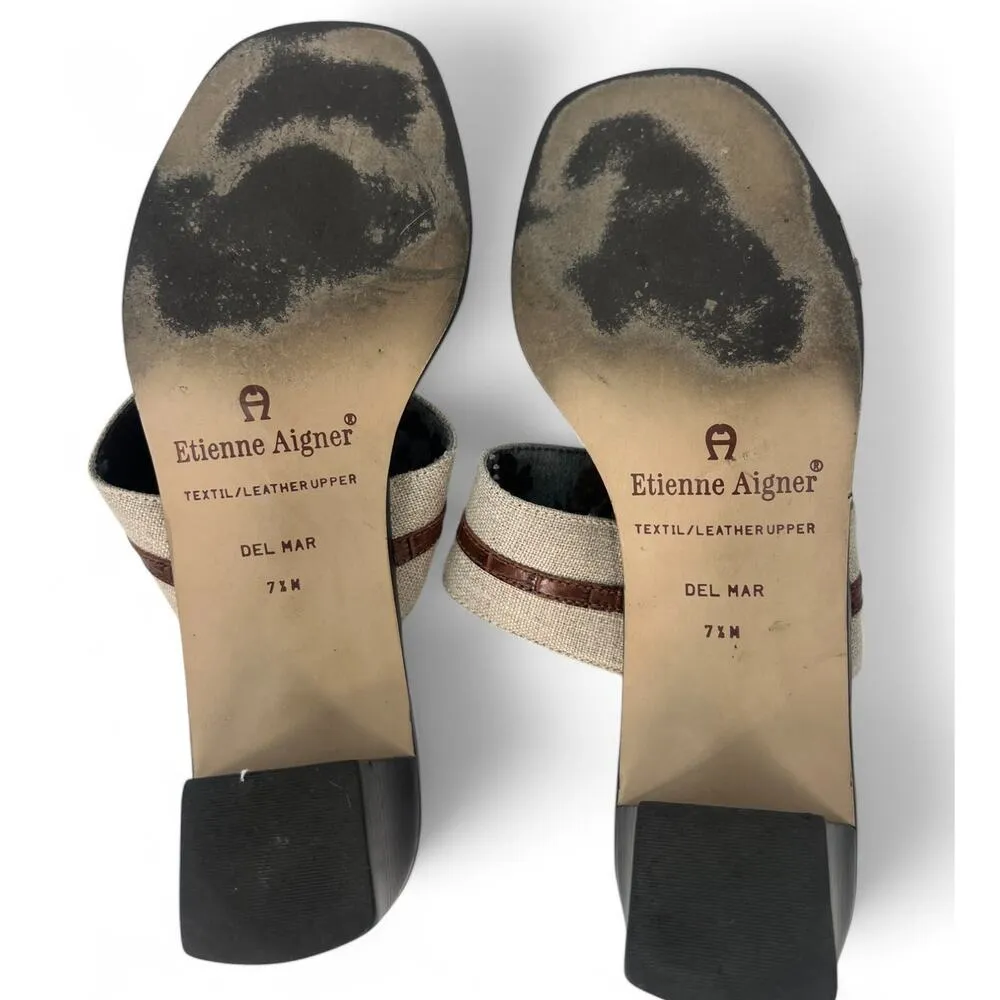 Etienne Aigner | 7.5 Linen Leather Chesapeake Block Heel Open Toe Heel Slip On - Image 4