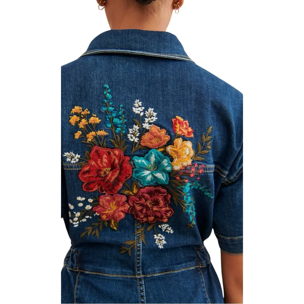 Driftwood x Free People | Randi‎ Floral Embroidered Denim Jumpsuit Medium $228 - Image 8