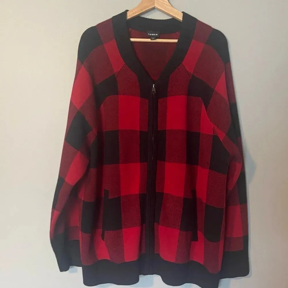 Torrid Buffalo Plaid Sweater Jacket Cardigan 3X Fall Autumn Pumpkin Patch Zip Up - Image 2