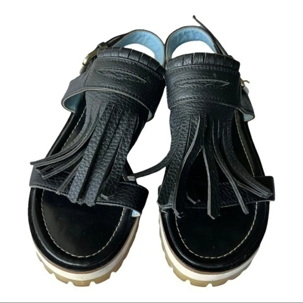 Studio Pollini Black Platform Leather Sandals With Fringe Size 37 - Image 2