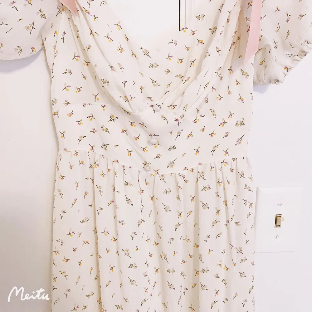 Japanese Cottagecore Shabby Chic Floral White Pink Bow Princess Maxi Dress Size XS - Image 6