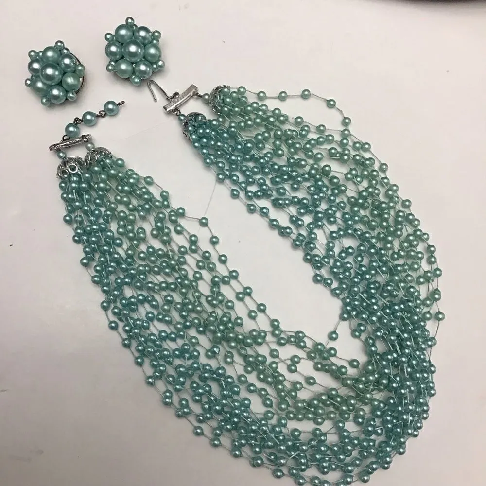 VTG ‘60s Baby Blue Multi Strand Choker and Matching Clip Earrings - Image 11