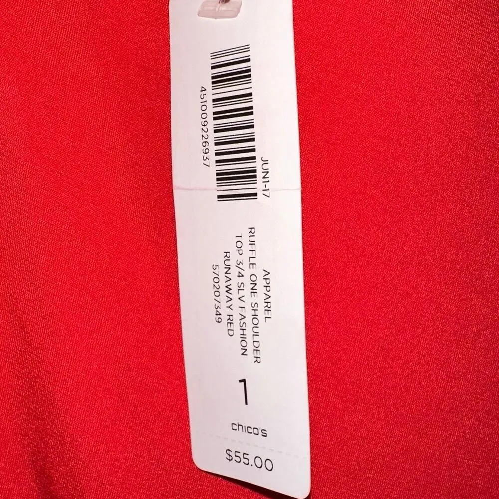 NWT Chico’s Red One Shoulder Ruffle Sleeve Top Blouse Size 1 Size M - Image 6