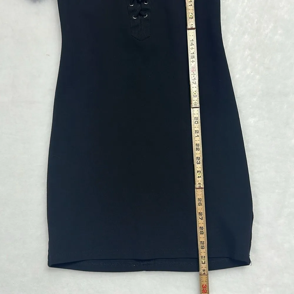 FOREVER 21 Lace Up V Neck Stretchy Black Bodycon Dress Sz Small - Image 4