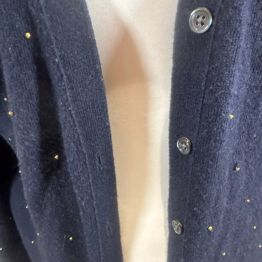 Banana Republic Italian cashmere blend gold beaded navy cardigan sweater medium - Image 4