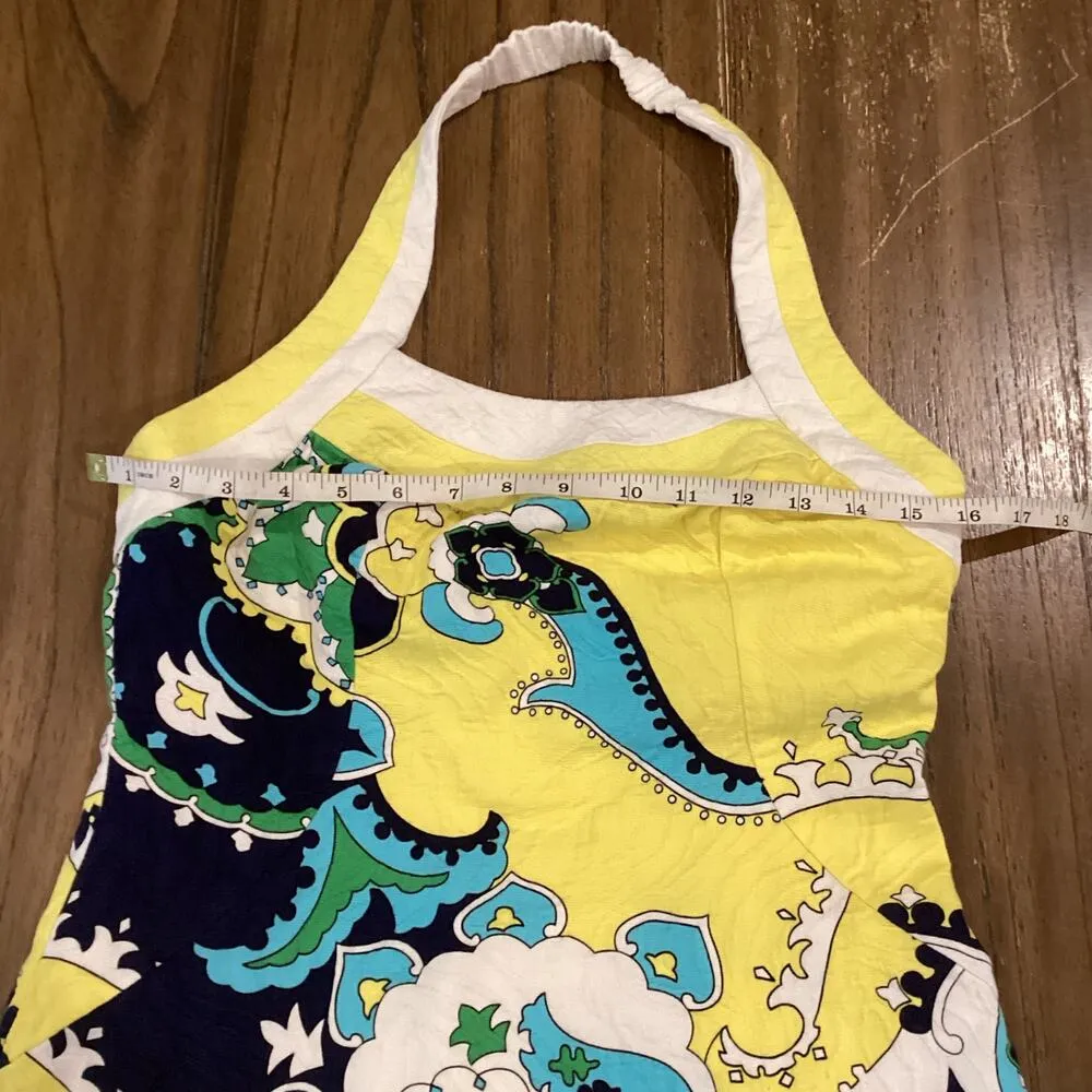 Muse yellow blue halter retro Floral Tropical Halter waffle cotton Dress Size 6 - Image 5