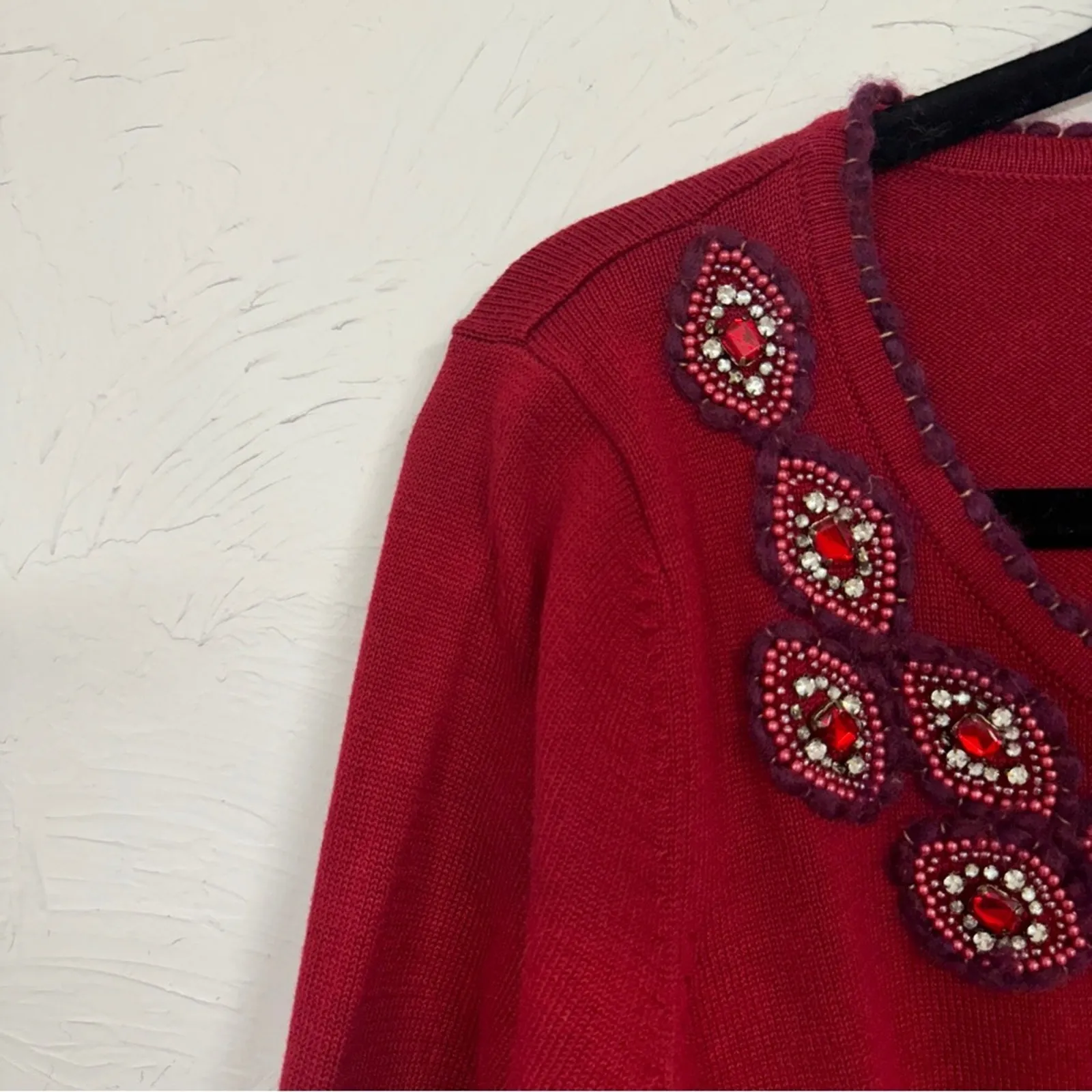 Knitted Dove Red Beaded Cardigan Sweater Womens L Cropped Preppy Coquette Boho Size L - Image 5