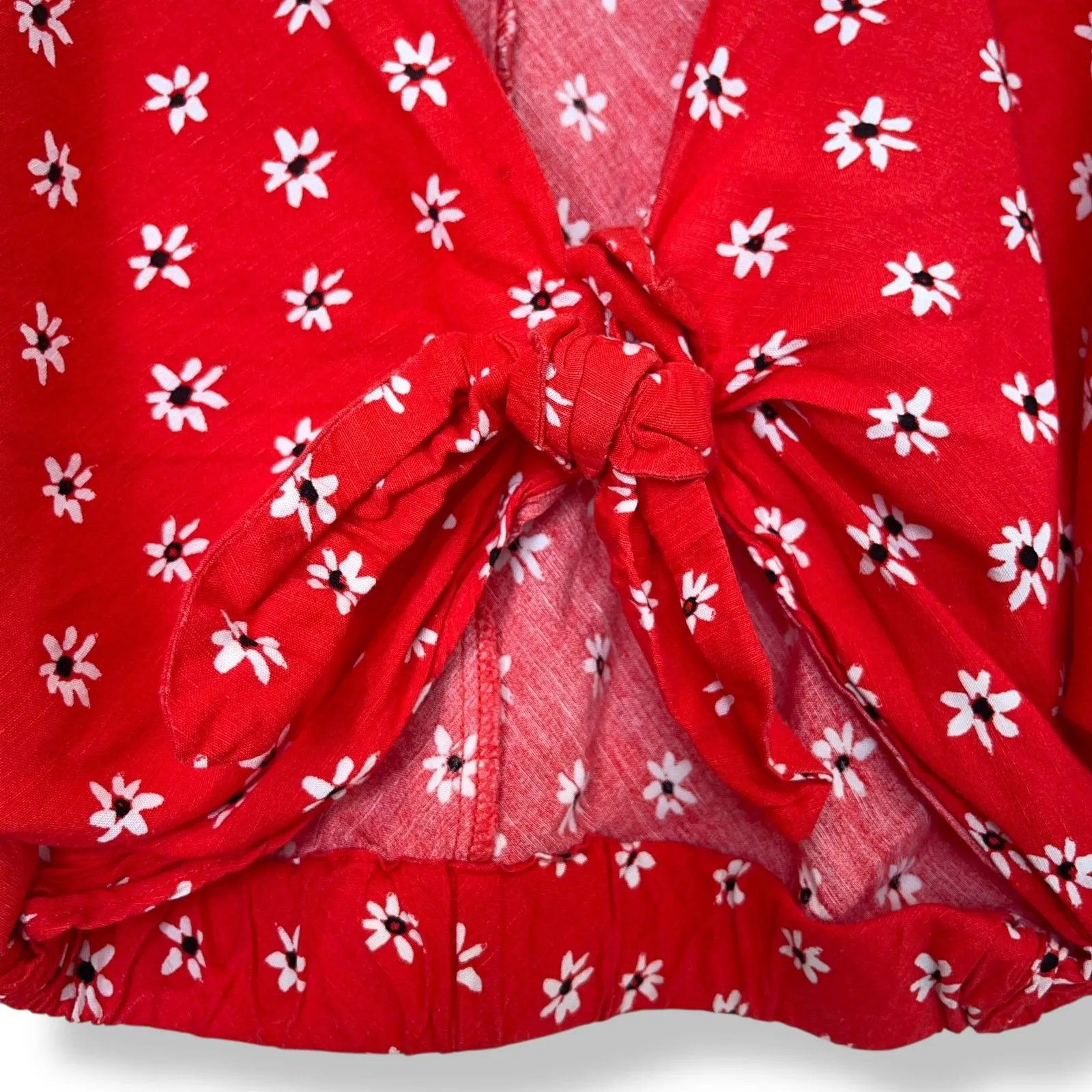 ZARA Red Daisy Floral Print Tie-Front Linen Blend Cropped Blouse - XS - Image 9