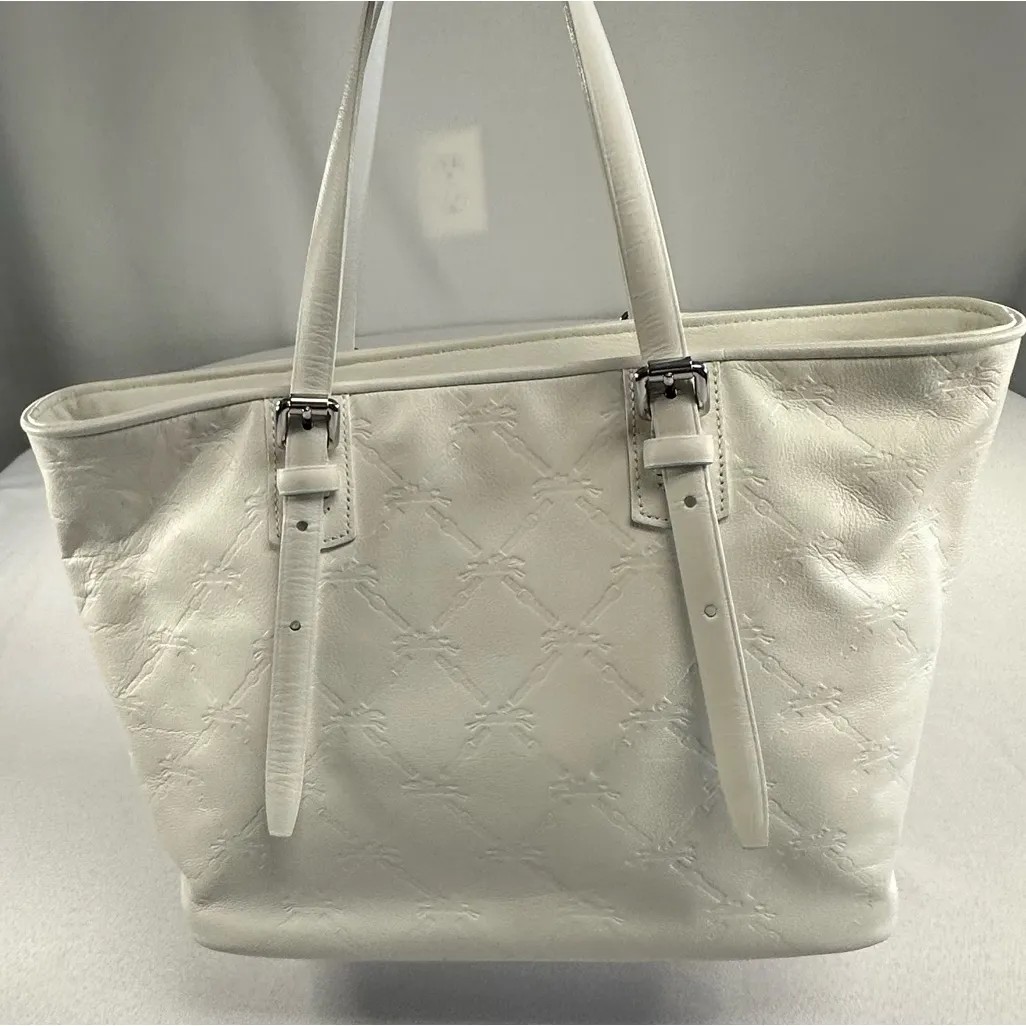 Longchamp • LM Cuir Embossed Logo Metal Luggage Tag White Double Shoulder RARE - Image 5