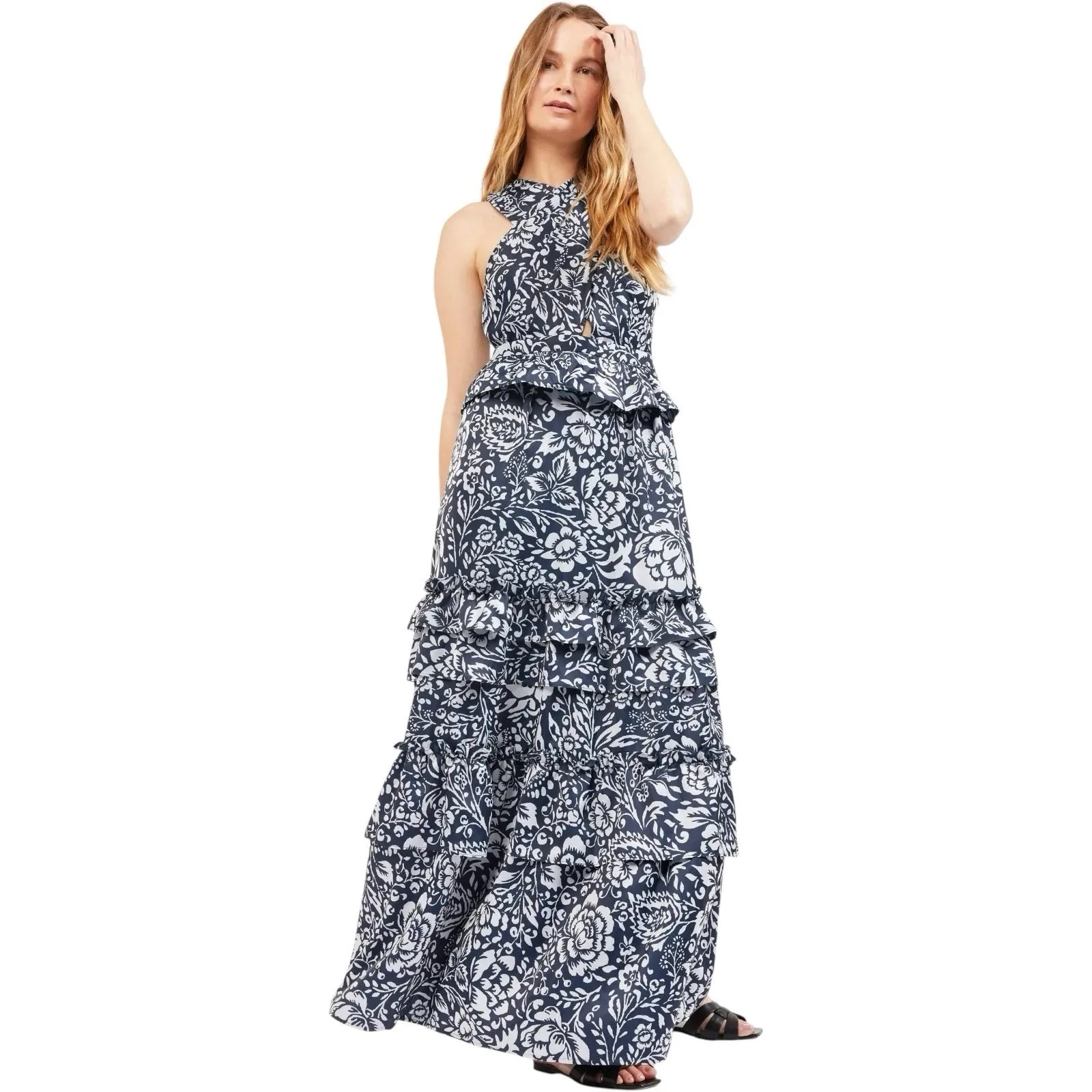 NWT Outerknown Womens Bailey Navy Maxi Dress Marine Tiered Waverly Floral 4 $298 - Image 4