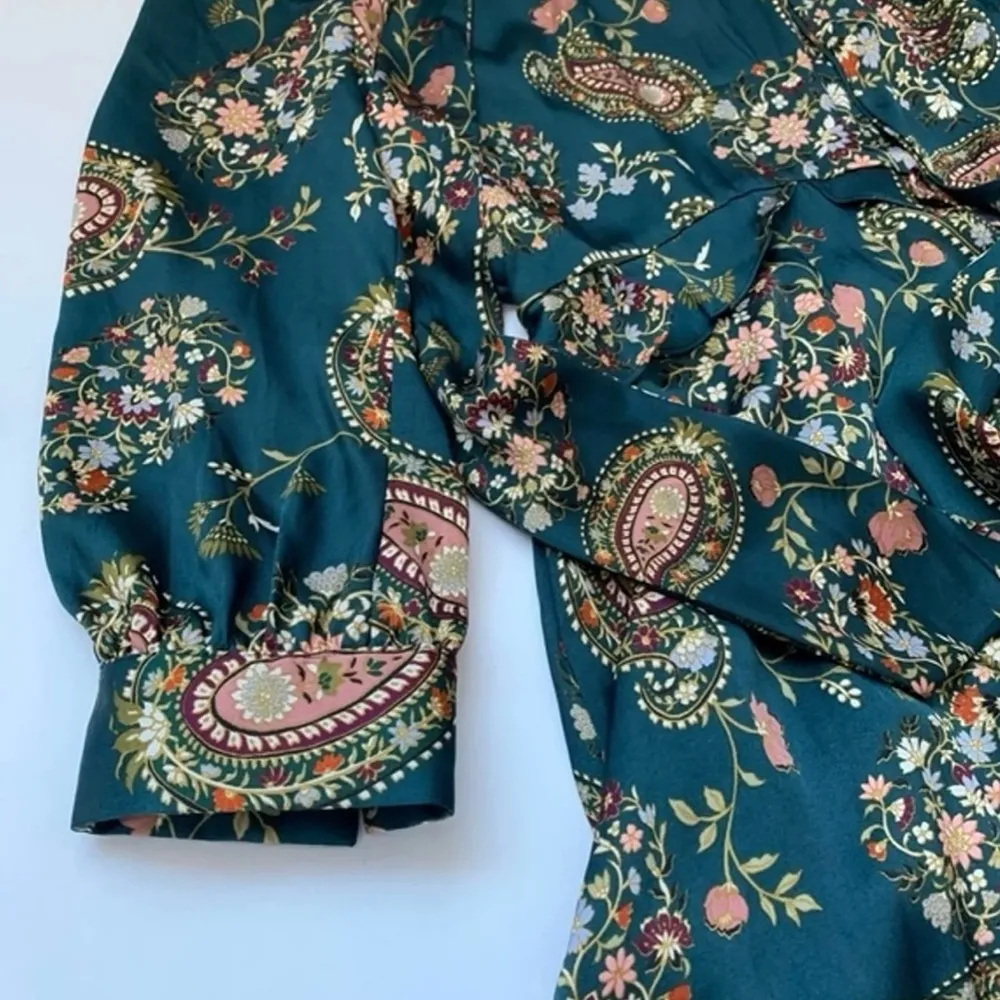 Long Sleeve Tie Neck Printed Chiffon Dress. Green paisley print - Image 4