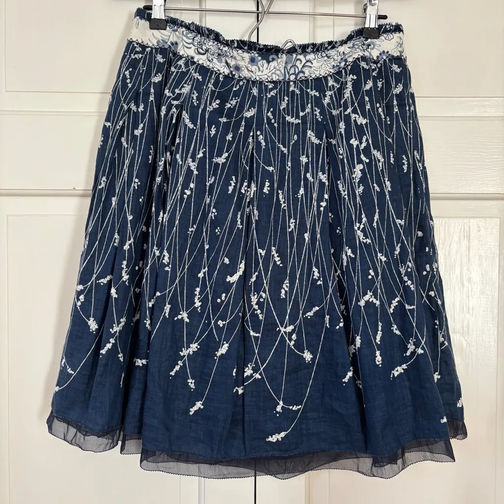 Elie Tahari Navy and White Floral Chambray A-Line Skirt 100% Linen Size 10 - Image 8