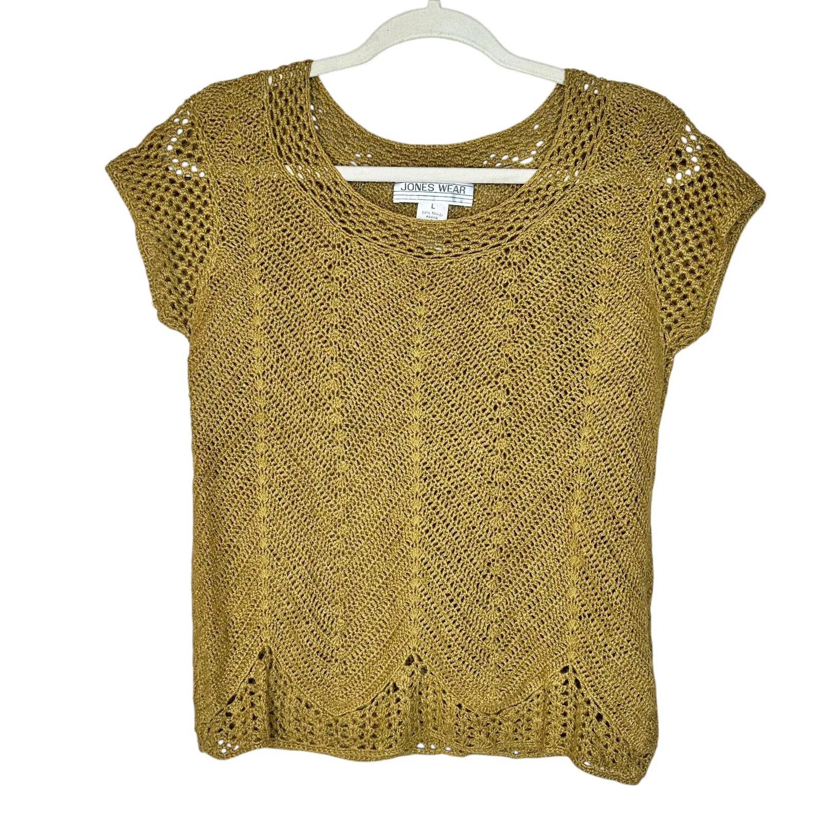 Vintage Jones Wear Ramie Cottagecore Knit Boho Brown Mustard Cap Sleeve Top Sz L - Image 2