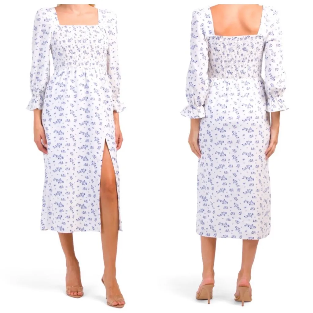 HOUSE OF HARLOW Women’s Floral Smocked Linen Blend Midi Dress White/Blue Size L White Size L - Image 2