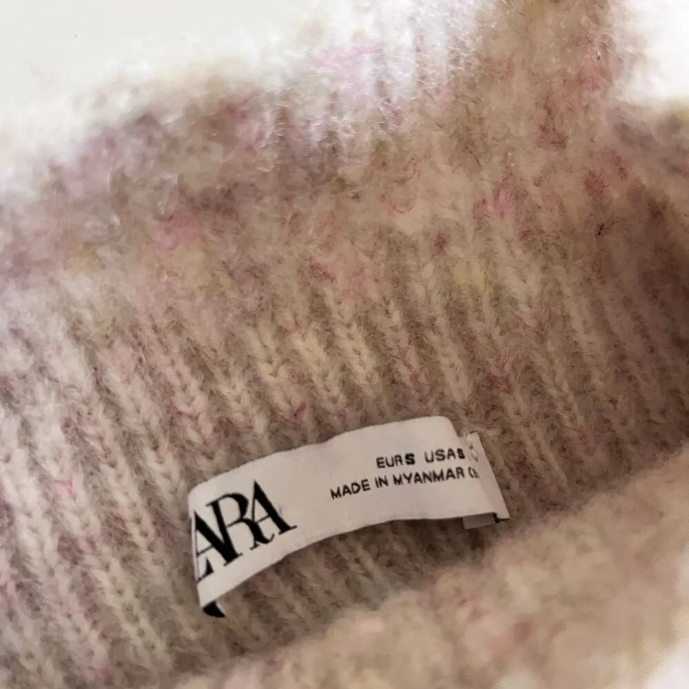 Zara Ivory Blush Pink Heather Ruffled Mock Turtleneck Rib Knit Pullover Sweater - Image 3