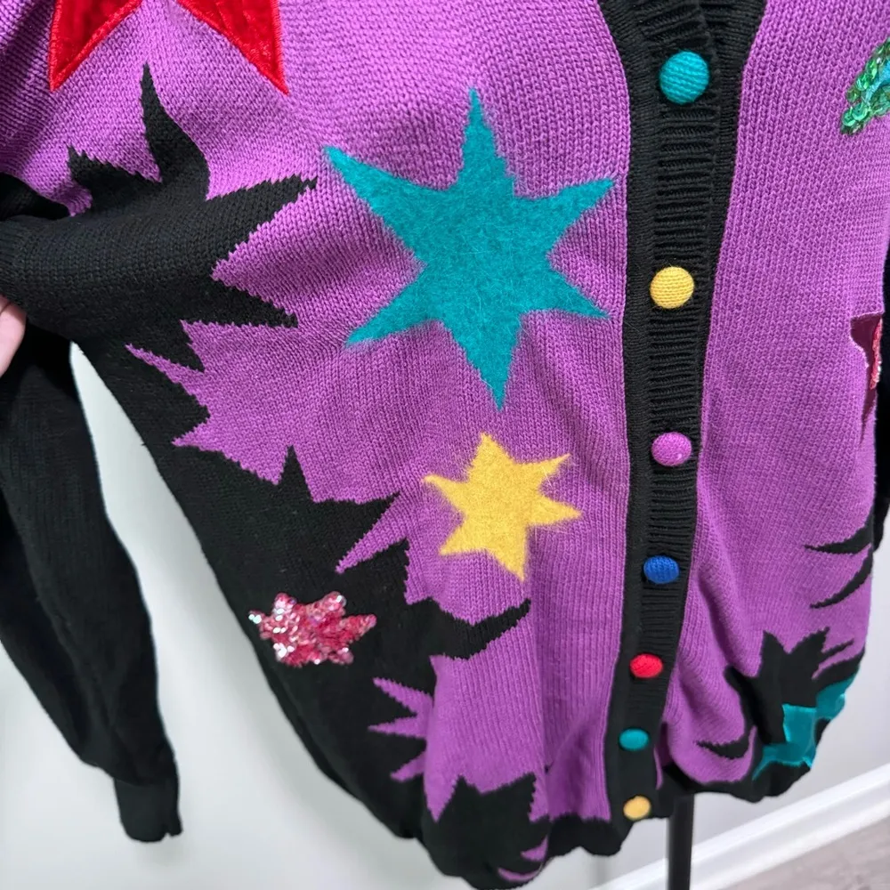 Qui Designer Collection Sweater Cardigan Stars Vintage 80s Sequin Purple Pop - Image 2