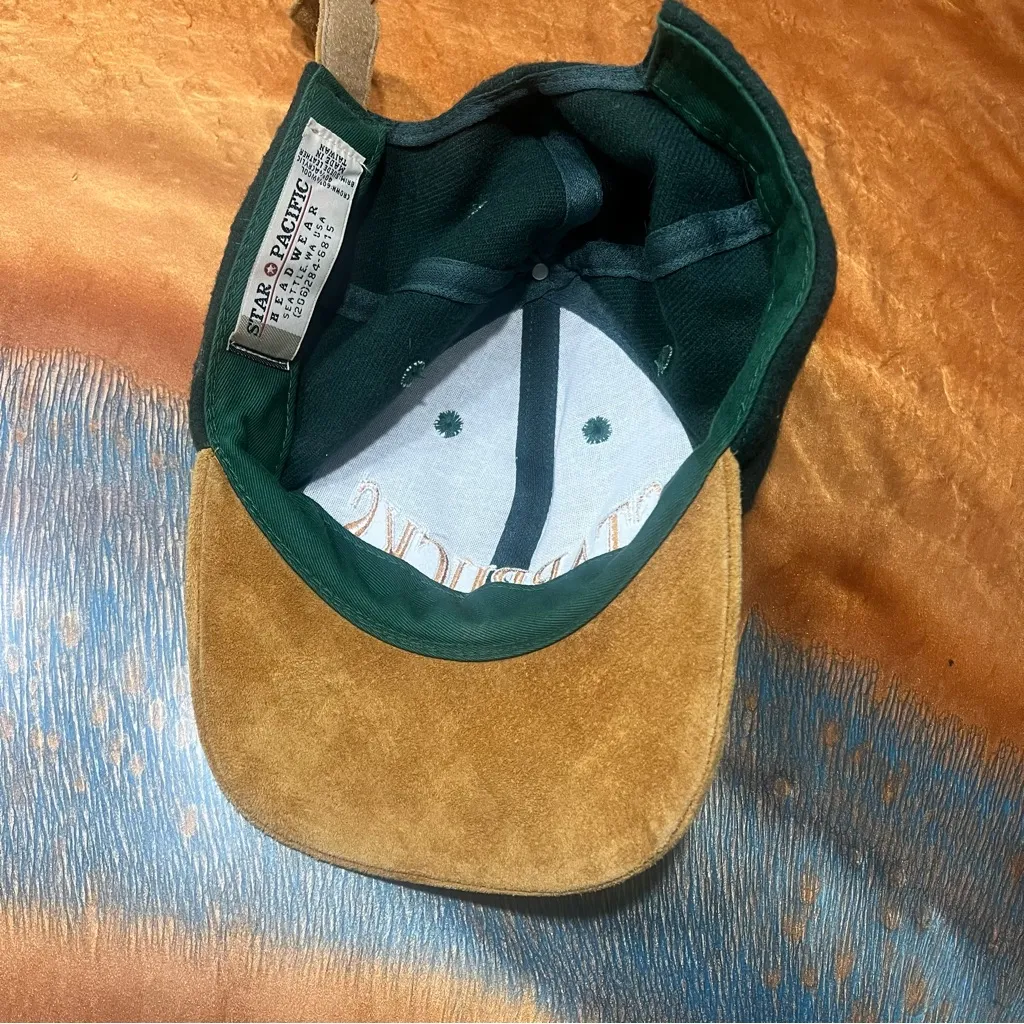 Vintage Starbucks spell out suede and wool Forest Green tan hat Star pacific - Image 4