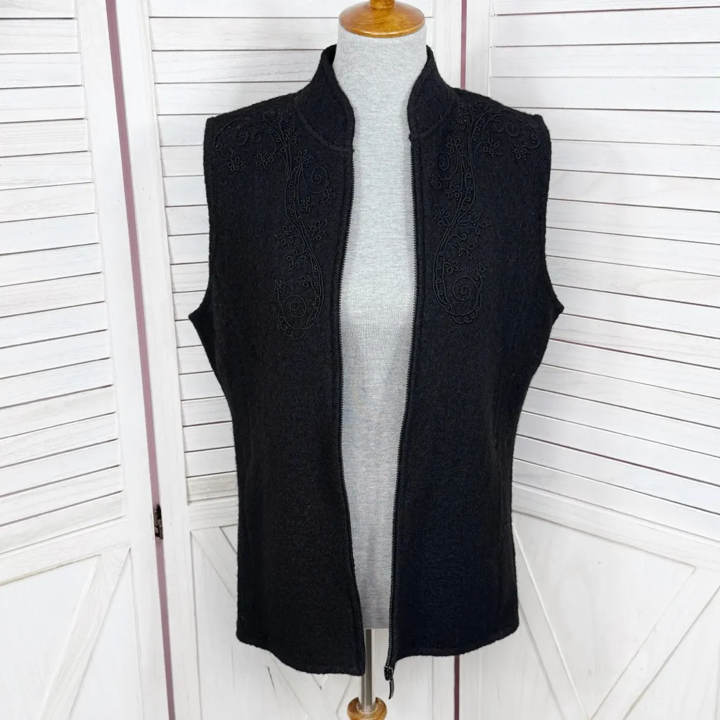 Alfred Dunner Embroidered Beaded Full Zip Mock Neck Boucle Wool Vest Black Small - Image 7