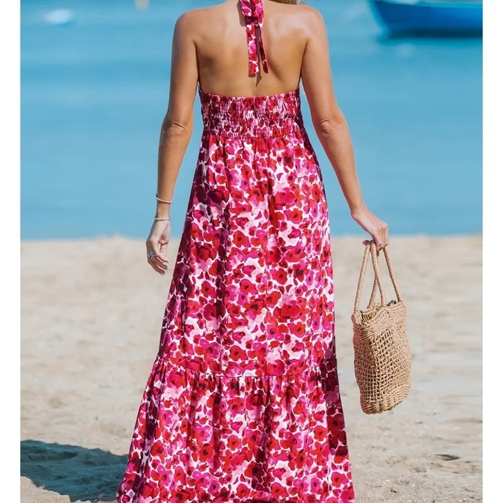 CUPSHE Red Floral Halter Neck Size Large - Image 2