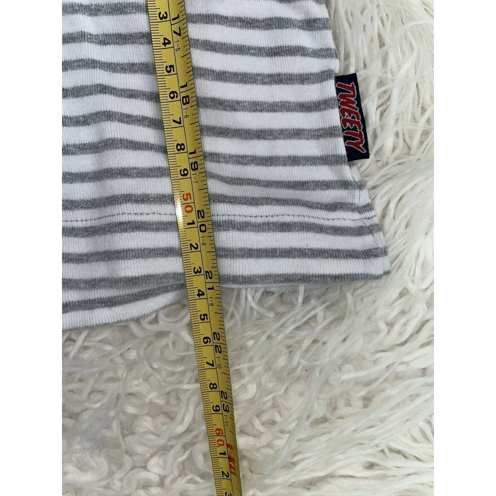 Tweety Bird Polo Shirt Women’s SZ L Grey White Striped Qtr Length Sleeves VTG Size L - Image 5