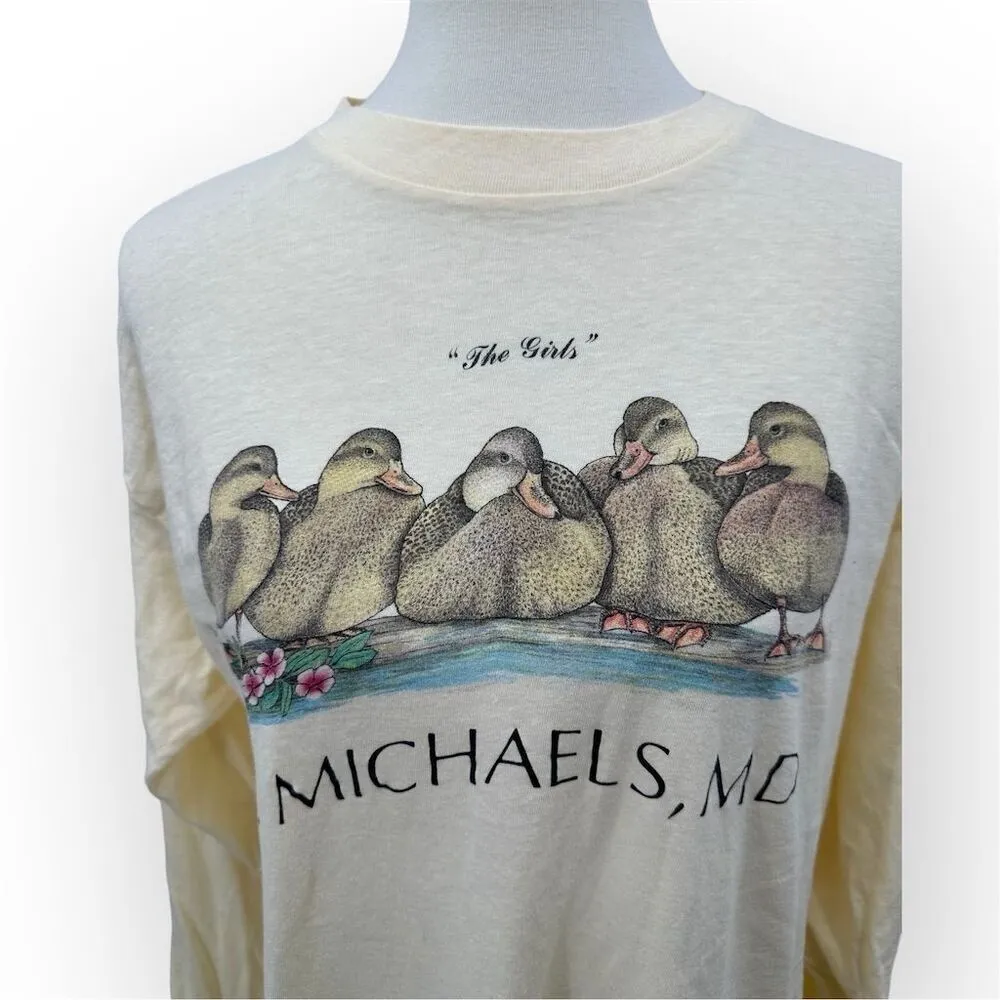 Vintage St. Michaels MD Duck Graphic Beige Long Sleeve T - Image 8