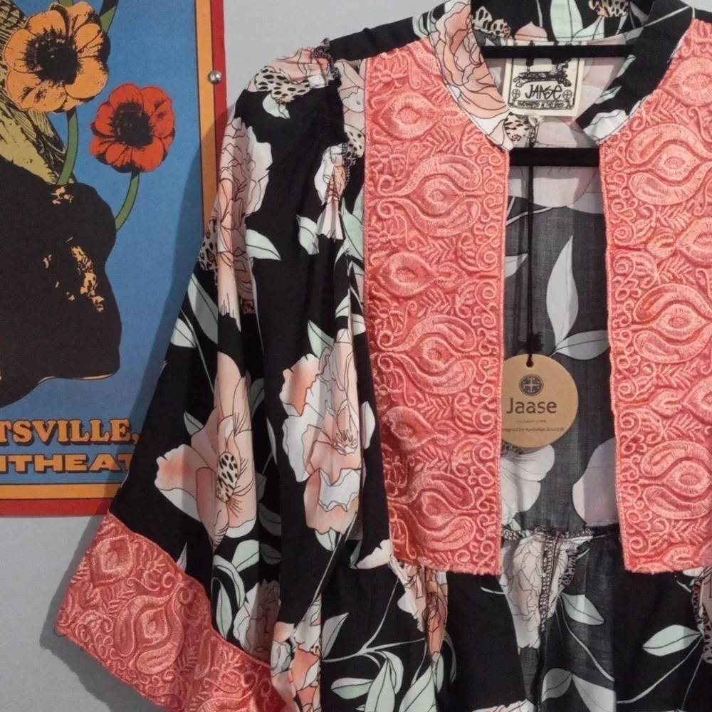 Jaase Pink and Black Floral Print Embroidered Open Front Kimono Top NWT - Image 14