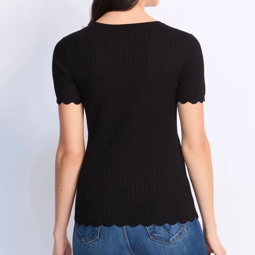 41 Hawthorn Kelsey Scallop Rib Short Sleeve Sweater Black XS NWT STITCH FIX - Image 2
