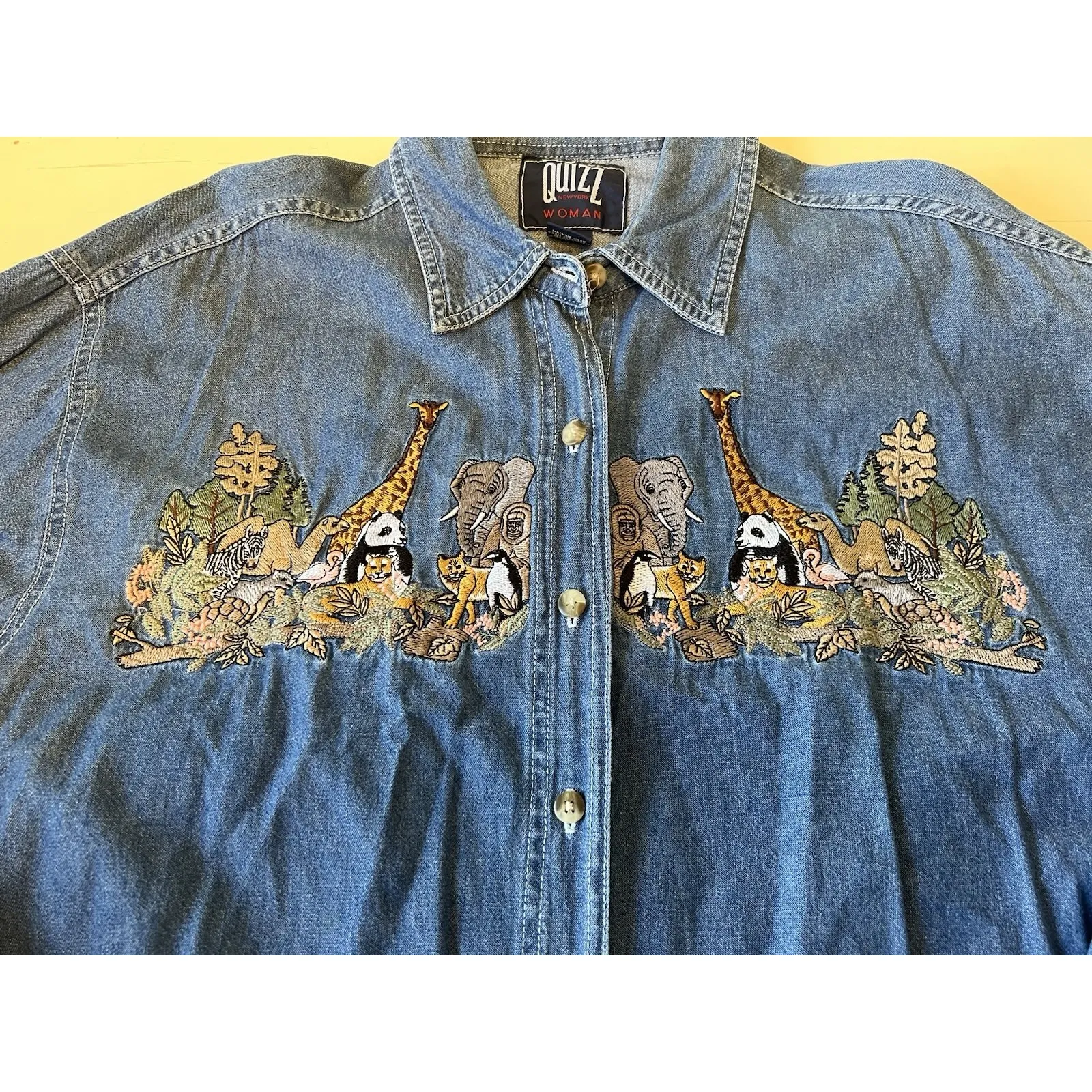 Vintage Quizz New York Embroidered Safari Zoo Animals Denim Blue Jean Shirt 22 Size undefined - Image 3