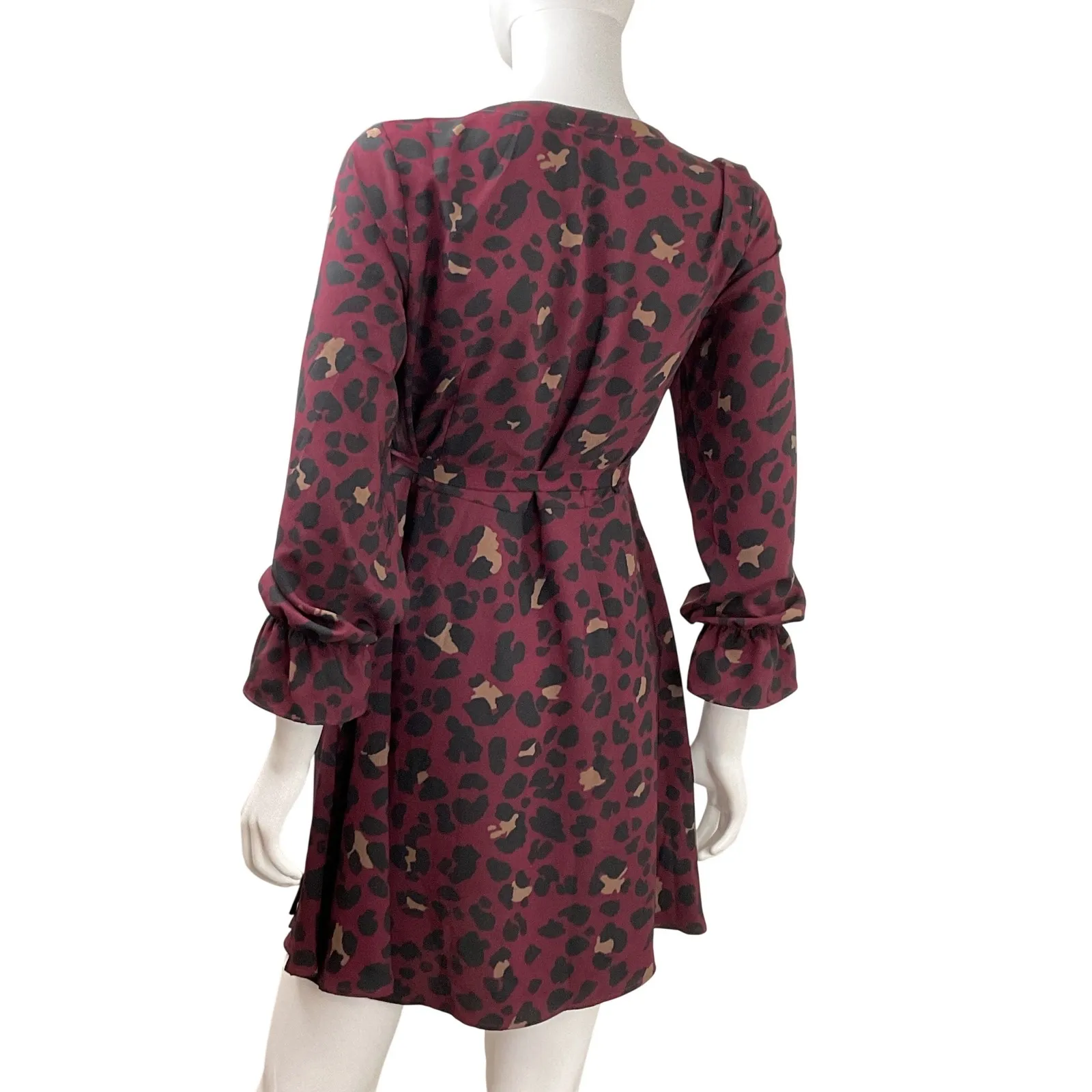 LOFT Petite Wrap Dress Leopard Print Burgundy Long Sleeve Tie Waist 4P - Image 5