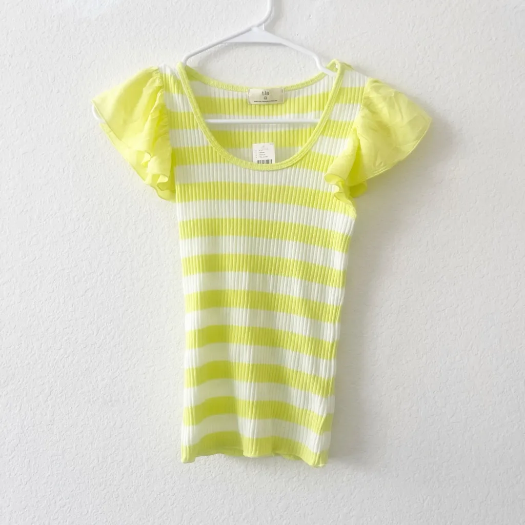 NWT Anthropologie T.La Top‎ Stripe Yellow Flutter Sleeve Knit Ribbed Blouse XXS - Image 4