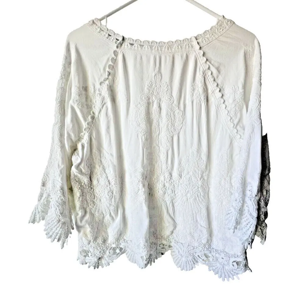 Womens white embroidered blouse top scoop neckline modern romantic size Ps - Image 11