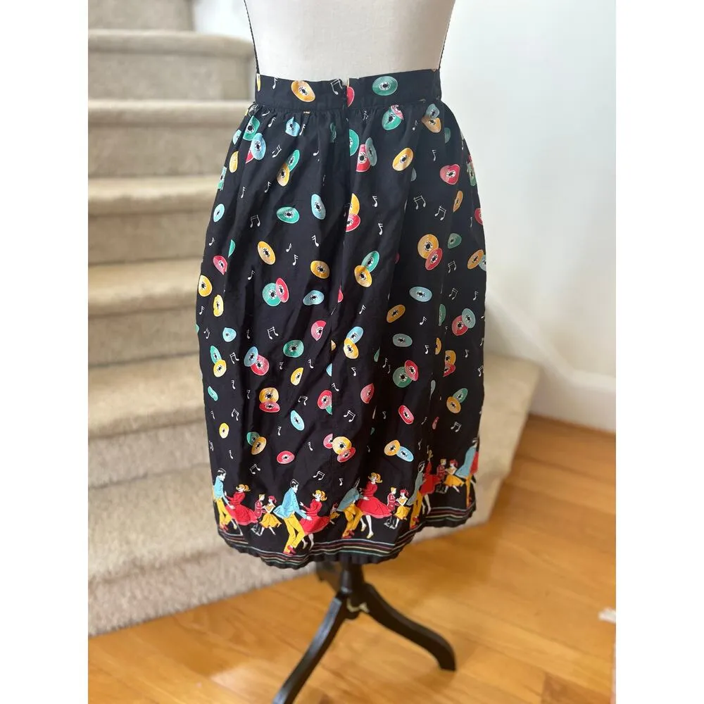 Modcloth Black Sock Hop 50s Black Record Dancing Couple Knee Length A-Line Skirt - Image 3