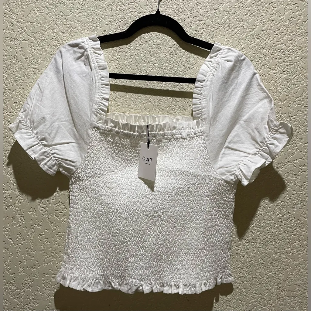 Oat New York NWT Elegant White Smocked Women's Top Short Sleeve Size XL - Image 2