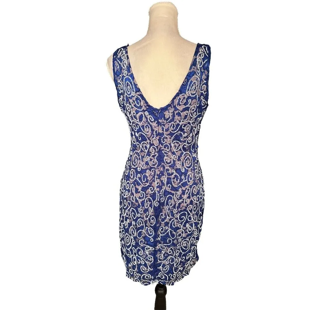 Vintage 90s Lacy Blue Embellished Sequin Paisley Print Dress Party Cocktail SzM Size M - Image 2
