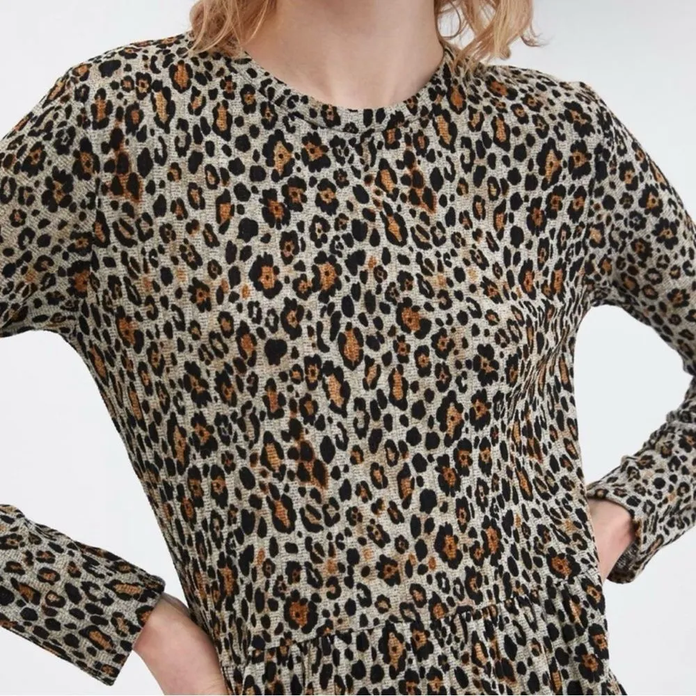 ZARA Trafaluc Knit Leopard Print Tiered Long Sleeve Mini Dress - Image 5